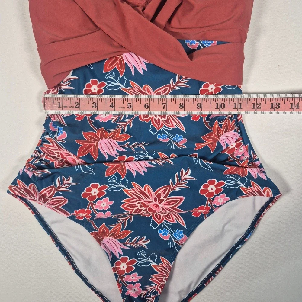 B2PRITY Women Floral One Piece Swimsuit Mauve‎ Navy V-Neck Ruched Size M New